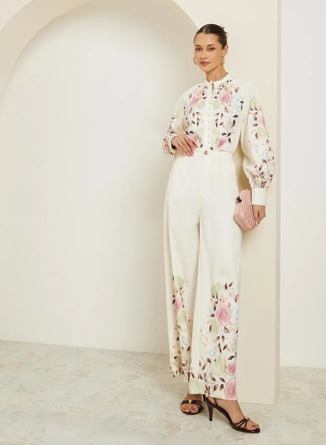Styli  Cream Floral Print Shirt and Trousers Co-Ords for Women | Best Price UAE